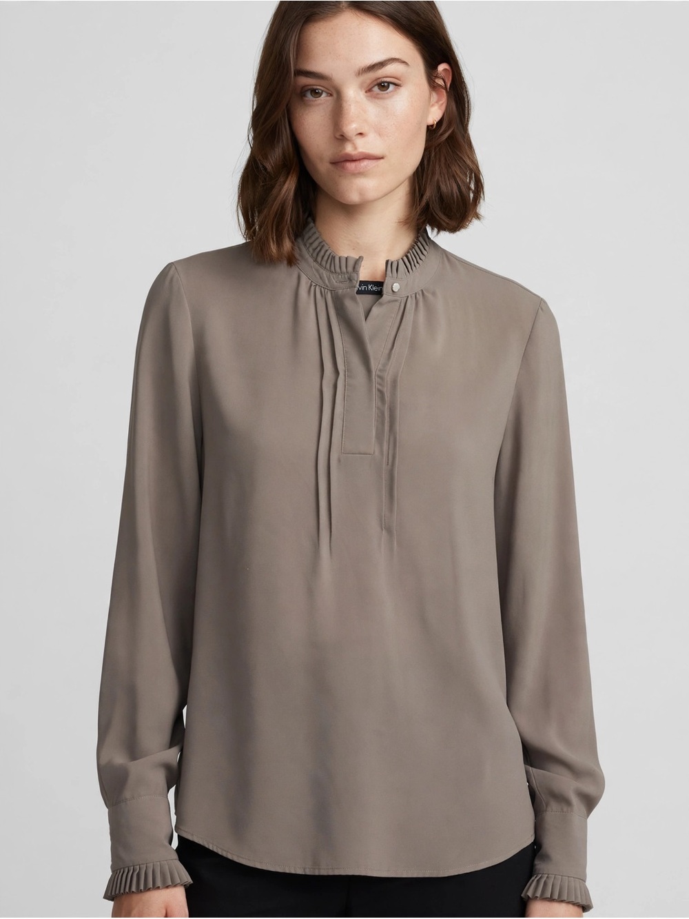 Calvin Klein Taupe Pleat-Front Ruffle Collar Blouse